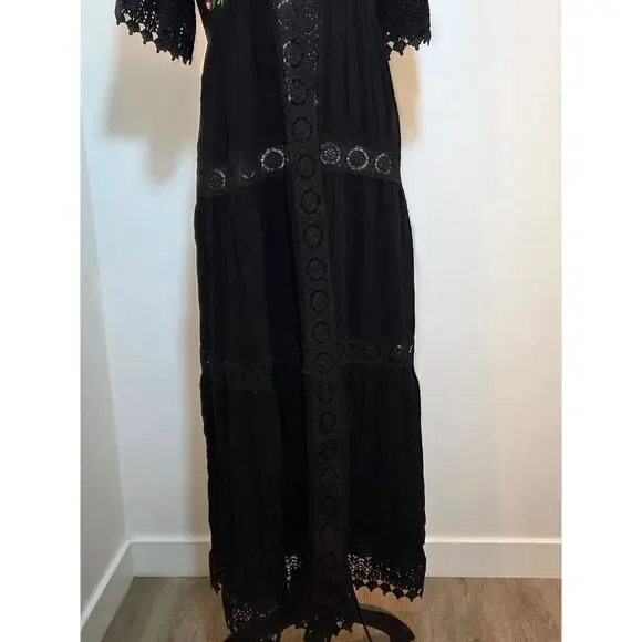 FOREVER 21 Black Floral Embroidered Long Duster SHORT SLEEVE LACE TRIM Size L - Picture 8 of 12